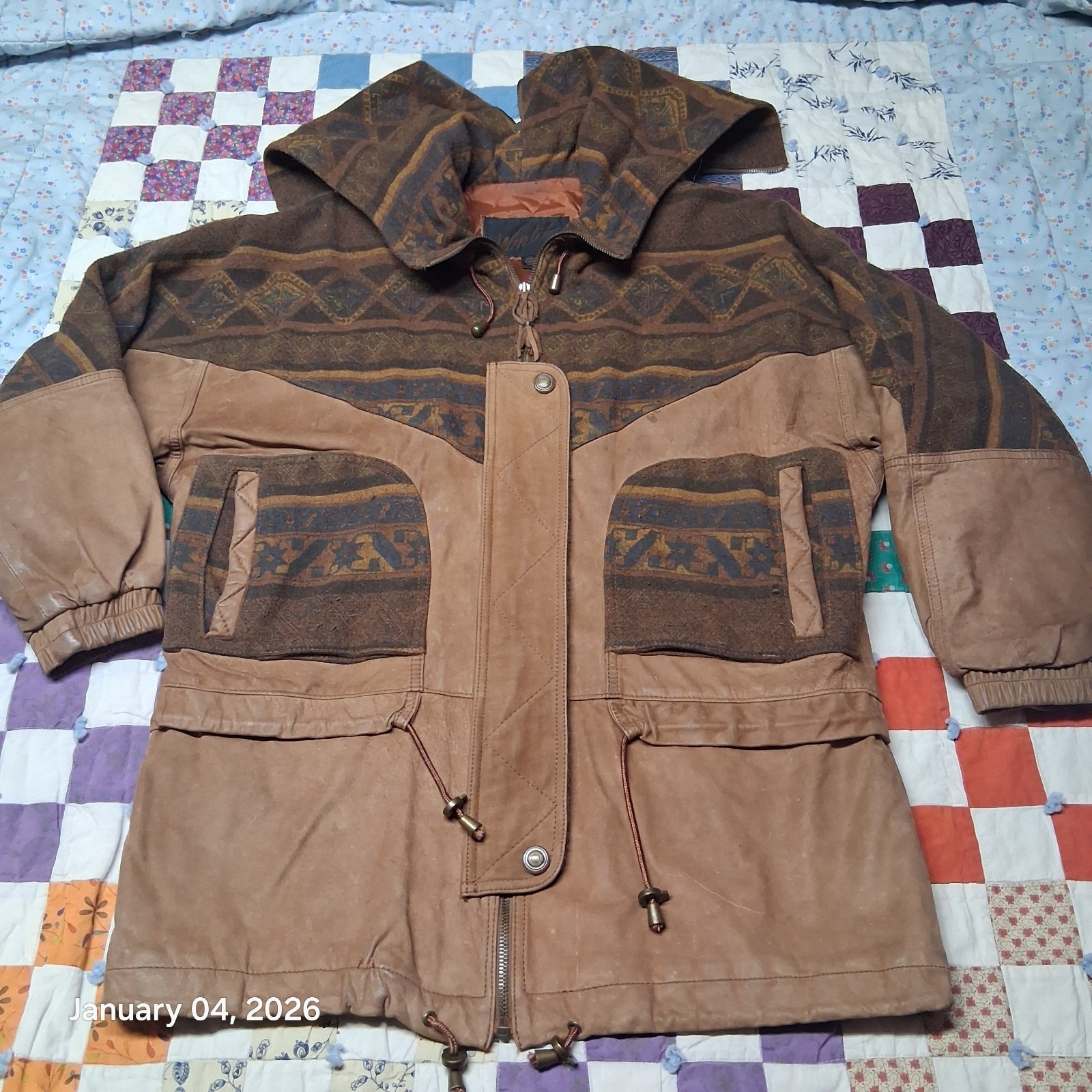 Vintage Winlit Leather & Wool Aztec Southwest Jacket Split Hood Parka Sz Small